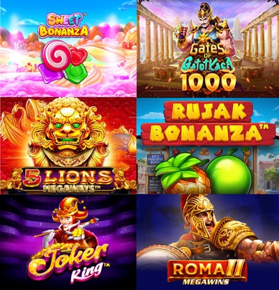 รวมภาพหน้าปกเกม สล็อตฟรี ยอดนิยม เช่น Sweet Bonanza, Gates of Gatotkaca 1000, 5 Lions Megaways, Rujak Bonanza, Joker King และ Roma II Megawins แต่ละเกมมีเอกลักษณ์เฉพาะตัวทั้งด้านกราฟิก ธีมการเล่น และฟีเจอร์โบนัสที่แตกต่าง