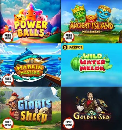 รวมภาพตัวอย่างเกม สล็อตฟรี หลากหลายธีม เช่น Power Balls, Ancient Island Megaways, Marlin Masters, Wild Water Melon, Giants & Sheep และ Golden Sea ซึ่งแต่ละเกมมีฟีเจอร์ Free Spins และบางเกมมีรางวัล Jackpot ให้ลุ้น