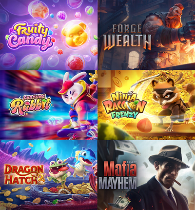 รวมภาพโปรโมตเกม สล็อตฟรี หลากหลายแนว เช่น Fruity Candy, Forge of Wealth, Fortune Rabbit, Ninja Raccoon Frenzy, Dragon Hatch 2 และ Mafia Mayhem ที่โดดเด่นทั้งด้านกราฟิกและฟีเจอร์โบนัส เหมาะสำหรับผู้เล่นที่มองหาความสนุกโดยไม่ต้องใช้เงินจริง