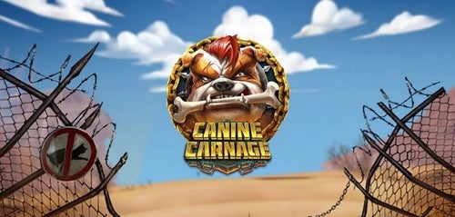 โลโก้เกม Canine Carnage พร้อมฉากรั้วพังกลางทะเลทราย เกมแนวน้องหมาสุดโหดที่กลายเป็นหนึ่งในเกมสล็อตได้เงินจริงสุดมันส์แห่งปี