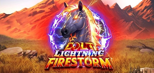 โลโก้เกม Colt Lightning Firestorm กับม้าสายฟ้าทรงพลังในฉากทุ่งหญ้าภูเขา เกมสล็อตได้เงินจริงแนวผจญภัยสุดเร้าใจที่เต็มไปด้วยพลังและแอ็กชัน