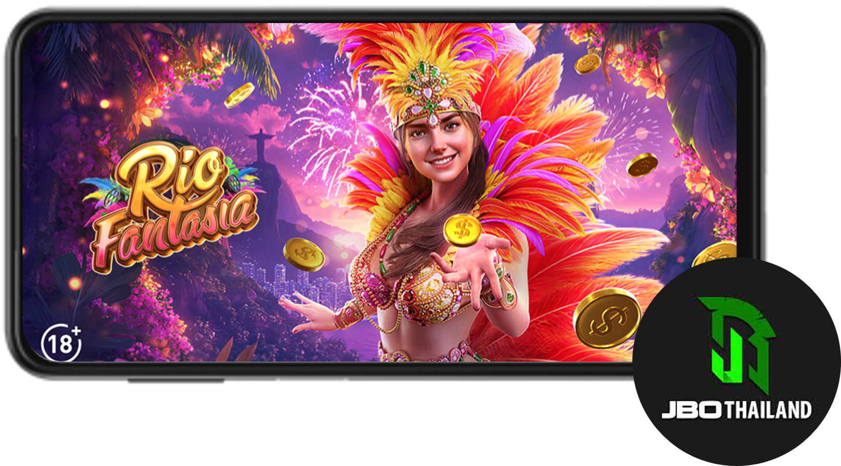 หน้าจอเกม Rio Fantasia บนมือถือพร้อมนักเต้นสาวสวมชุดคาร์นิวัลสีสดและฉากดอกไม้ไฟสุดอลังการ โดยมีโลโก้ JBO Thailand ที่มุมขวาล่าง เกมสล็อตธีมเทศกาลจากค่าย PG Soft ที่มอบสีสันและความสนุกแบบจัดเต็ม