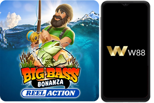 ภาพเกม Big Bass Bonanza Reel Action จากค่าย Pragmatic Play พร้อมโลโก้ W88 แพลตฟอร์มที่ให้บริการเกมสล็อตได้เงินจริงแนวตกปลา ลุ้นเงินรางวัลแบบเรียลไทม์ผ่านมือถือ