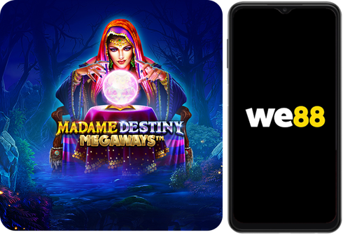 ภาพเกม Madame Destiny Megaways จาก Pragmatic Play กับธีมหมอดูสุดลึกลับ ข้างโลโก้ WE88 หนึ่งในแพลตฟอร์มที่ให้บริการเกมสล็อตได้เงินจริงที่มีฟีเจอร์หลากหลายและโอกาสชนะสูง