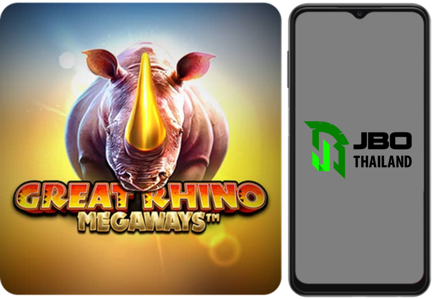 ภาพเกม Great Rhino Megaways กับแรดทองสุดดุดัน จาก Pragmatic Play คู่กับโลโก้ JBO Thailand หนึ่งในเว็บที่ให้บริการเกมสล็อตได้เงินจริง พร้อมระบบ Megaways เพิ่มโอกาสลุ้นรางวัลใหญ่