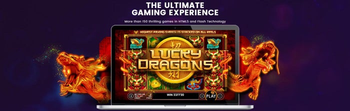 หน้าจอเกม Lucky Dragons ที่มีมังกรทองสองตัวล้อมรอบ เกมธีมเอเชียสุดอลังการที่เป็นหนึ่งในเกมสล็อตได้เงินจริง เล่นได้บน HTML5 และเทคโนโลยี Flash พร้อมกราฟิกคมชัดและโอกาสชนะสูง