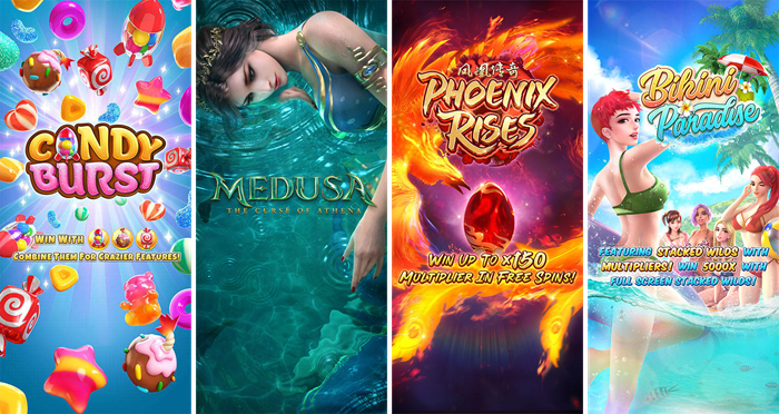 ภาพโปรโมตเกมสล็อต 4 เกมยอดนิยมจากค่าย PG Soft ได้แก่ Candy Burst, Medusa: The Curse of Athena, Phoenix Rises และ Bikini Paradise ซึ่งโดดเด่นด้วยธีมที่หลากหลาย ทั้งลูกกวาด แฟนตาซี กรีกโบราณ ไปจนถึงทะเลหน้าร้อน